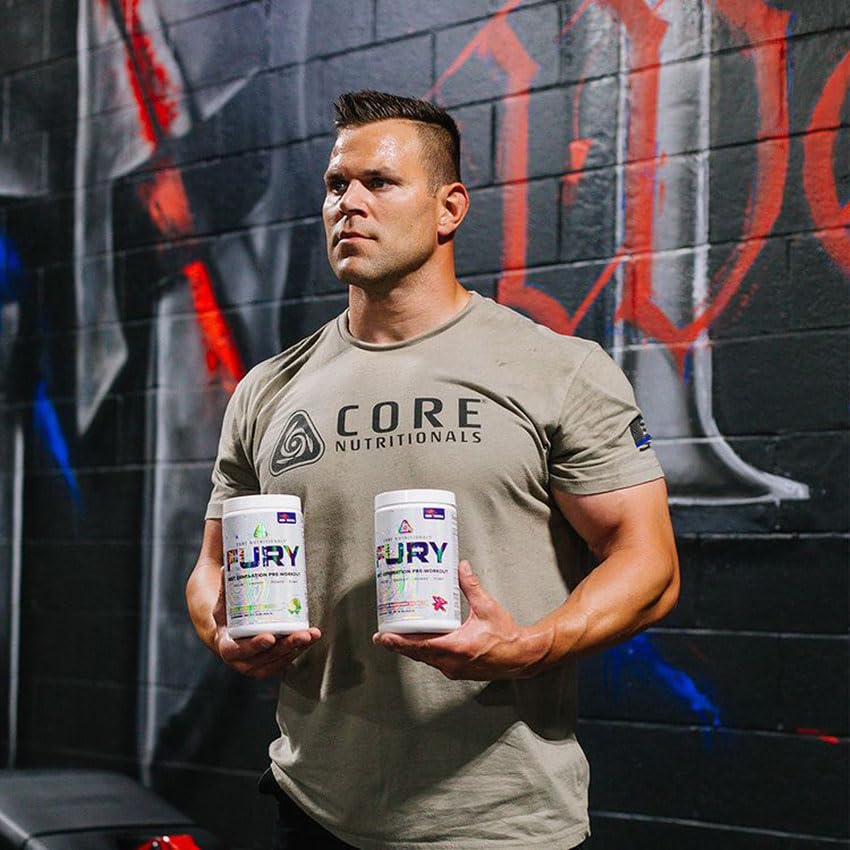 Core Nutritionals Fury Platinum mixed drink in glass shows sustained energy.