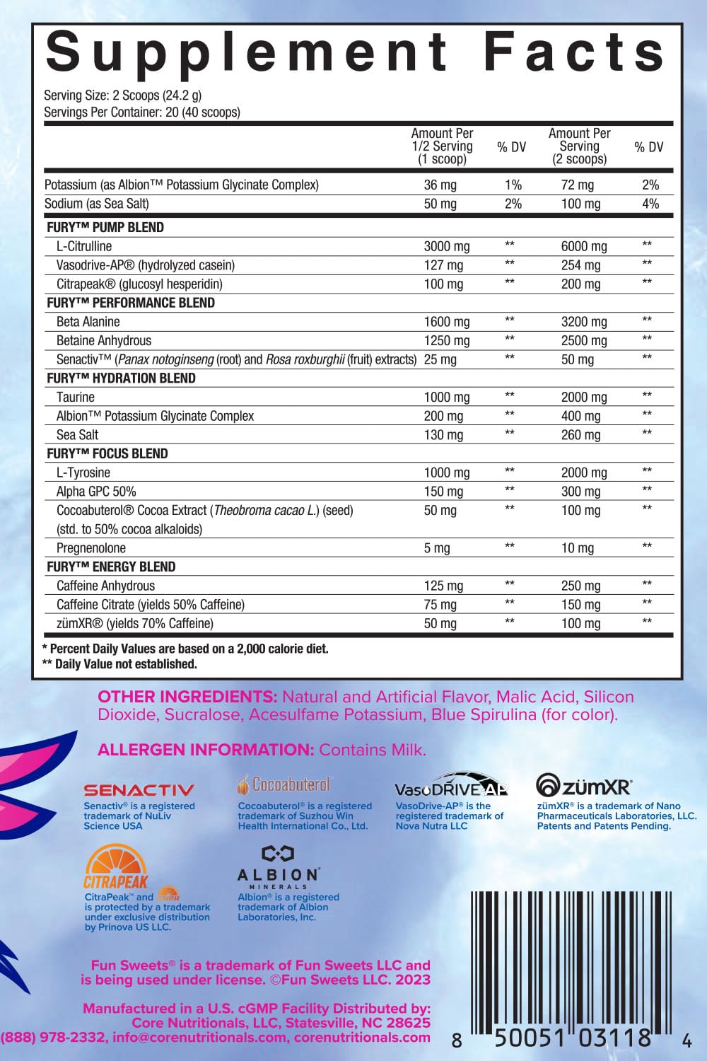 Fury V2 ingredients highlight: Zum-XR caffeine, L-Citrulline, Alpha GPC