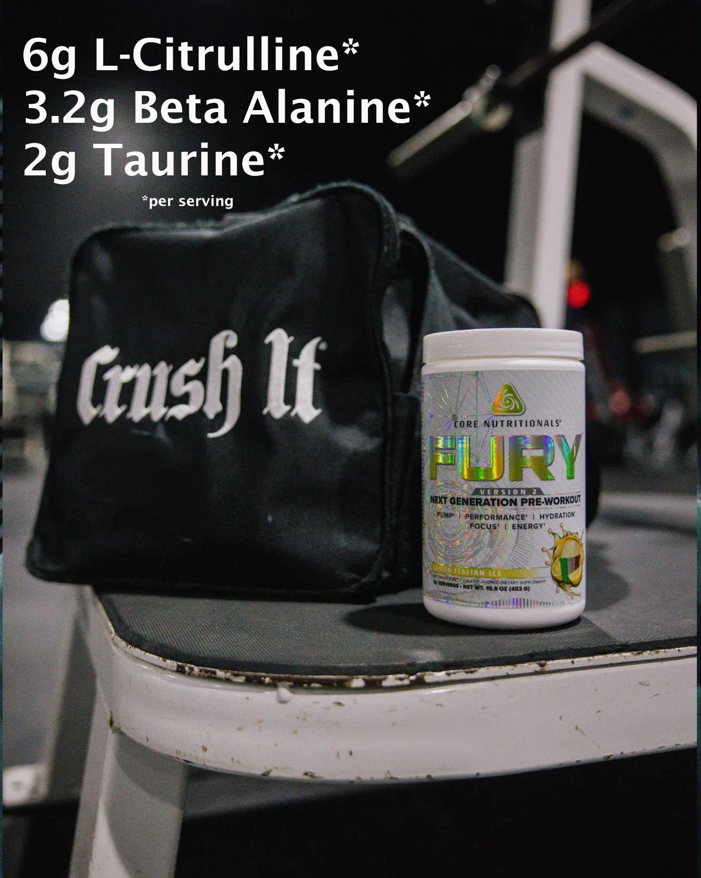 Core Nutritionals Fury V2 lcitrulline-benefit emphasizes improved endurance cues.
