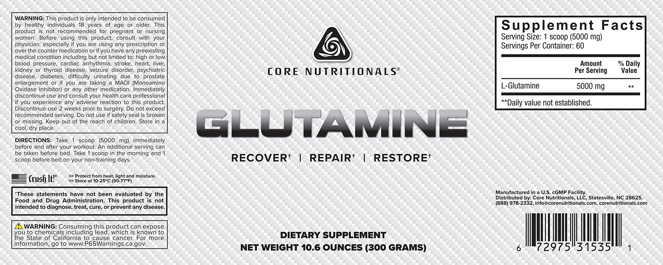 Close-up of Core Nutritionals Glutamine powder with scoop