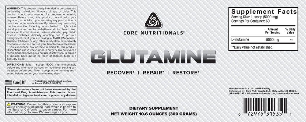 Close-up of Core Nutritionals Glutamine powder with scoop