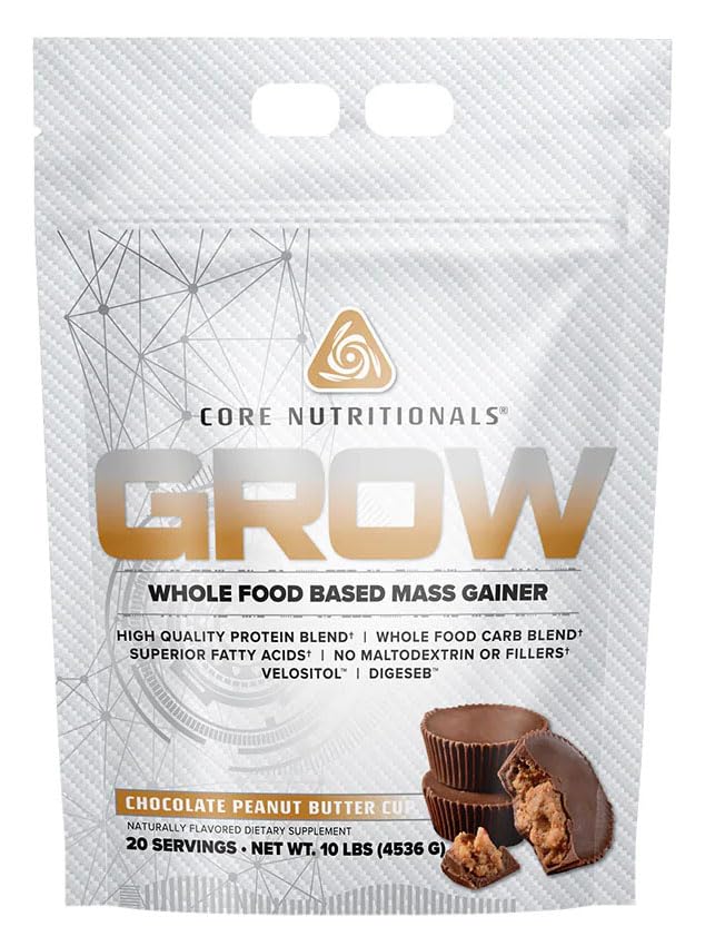 Front label of Core Nutritionals Grow Mass Gainer in Chocolate Peanut Butter Cup flavor, 10 lb