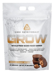 Front label of Core Nutritionals Grow Mass Gainer in Chocolate Peanut Butter Cup flavor, 10 lb