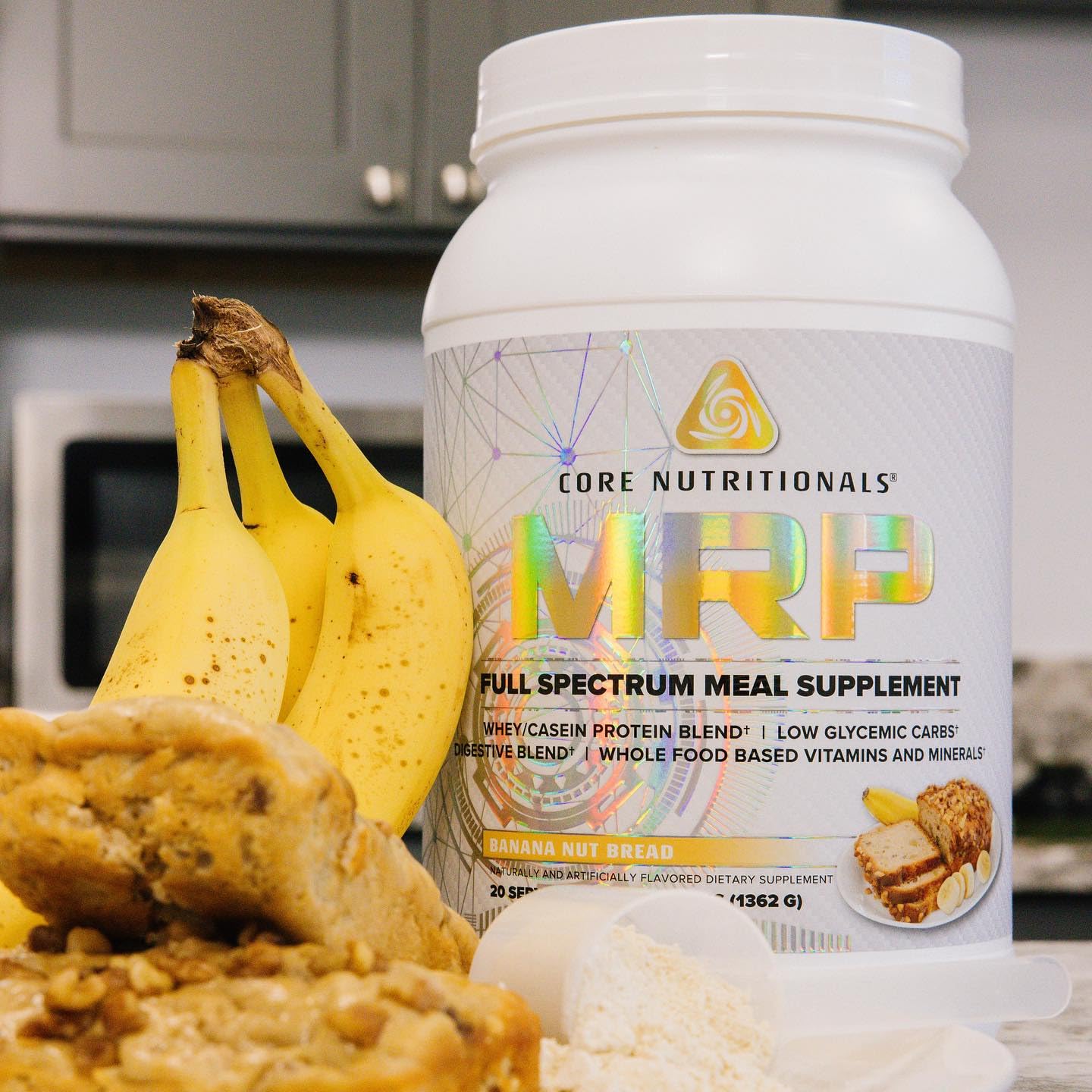 Core Nutritionals MRP Banana Nut Bread powder scoop highlights high protein and fiber support