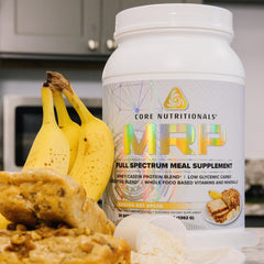 Core Nutritionals MRP Banana Nut Bread powder scoop highlights high protein and fiber support