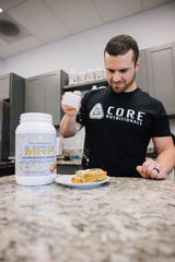 Core Nutritionals MRP Banana Nut Bread shake pour demonstrates quick, balanced nutrition on the go