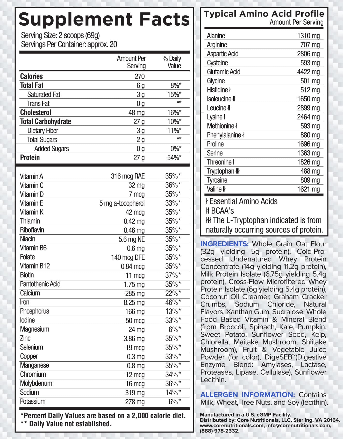 Core Nutritionals MRP whole-food nutrients including broccoli, kale, and chlorella for micronutrients.