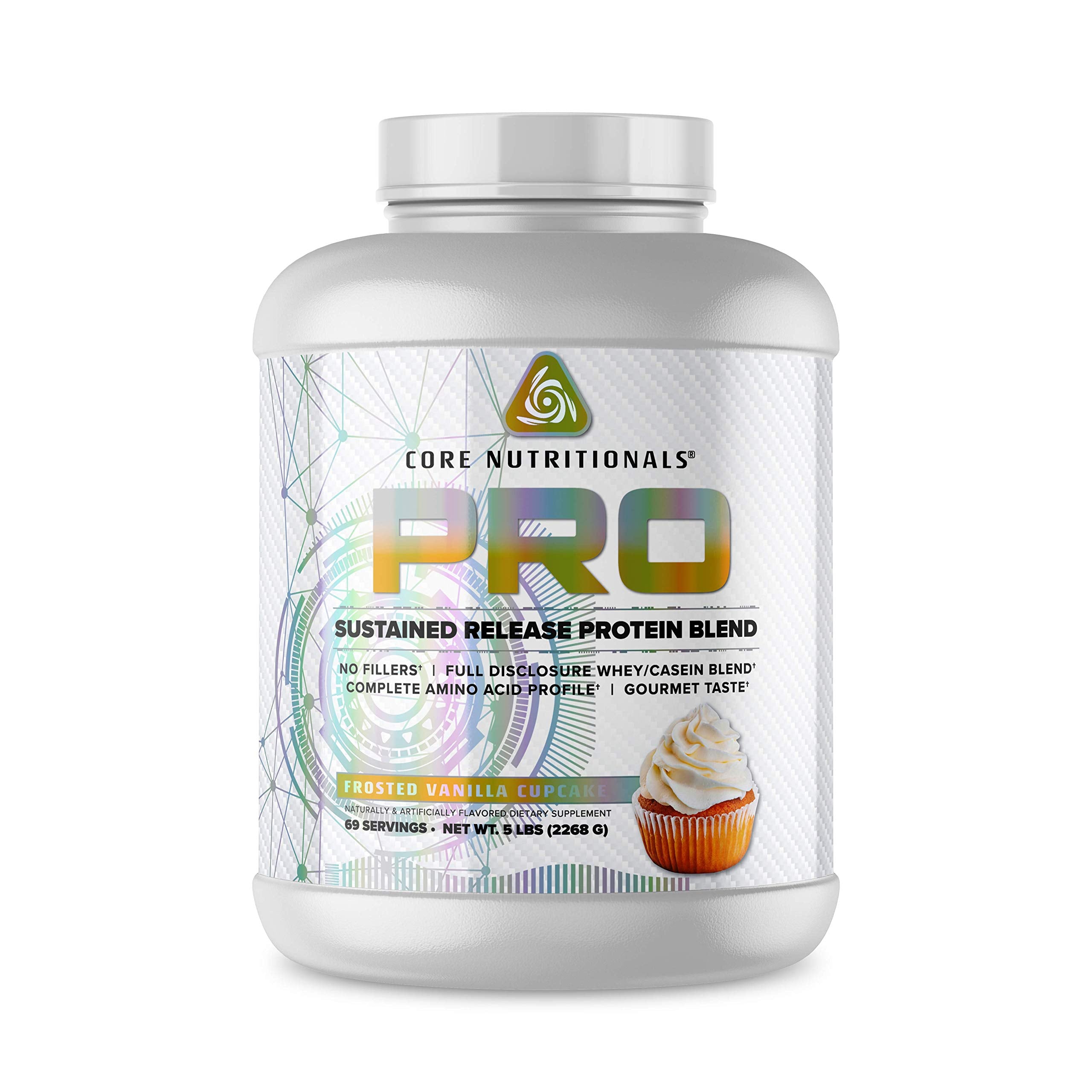 Core Nutritionals Pro Sustained Release Protein Blend Frosted Vanilla Cupcake container with label