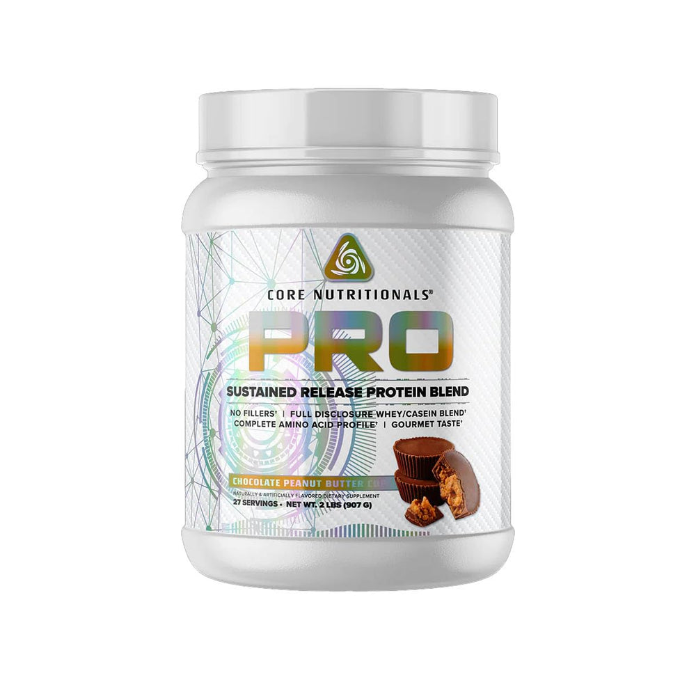 Core Nutritionals PRO bottle closeup highlighting steady protein release.
