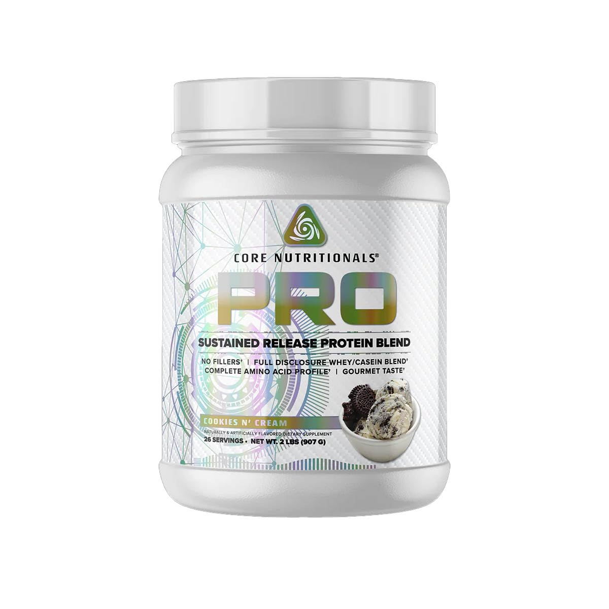 Core Nutritionals Pro Sustained Release cookie-cream tub shows label for post-workout recovery