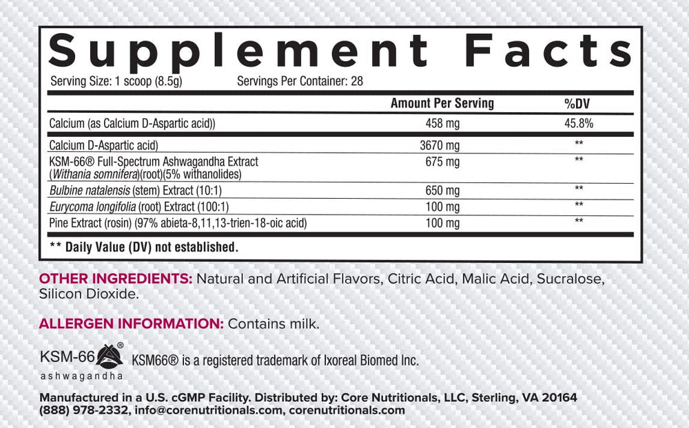 Core Nutritionals serving-size scoop photo communicates consistent daily dosing.