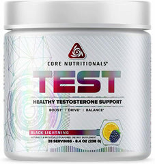 Core Nutritionals TEST vitality bottle shows multi-pathway support for daily vitality and focus.