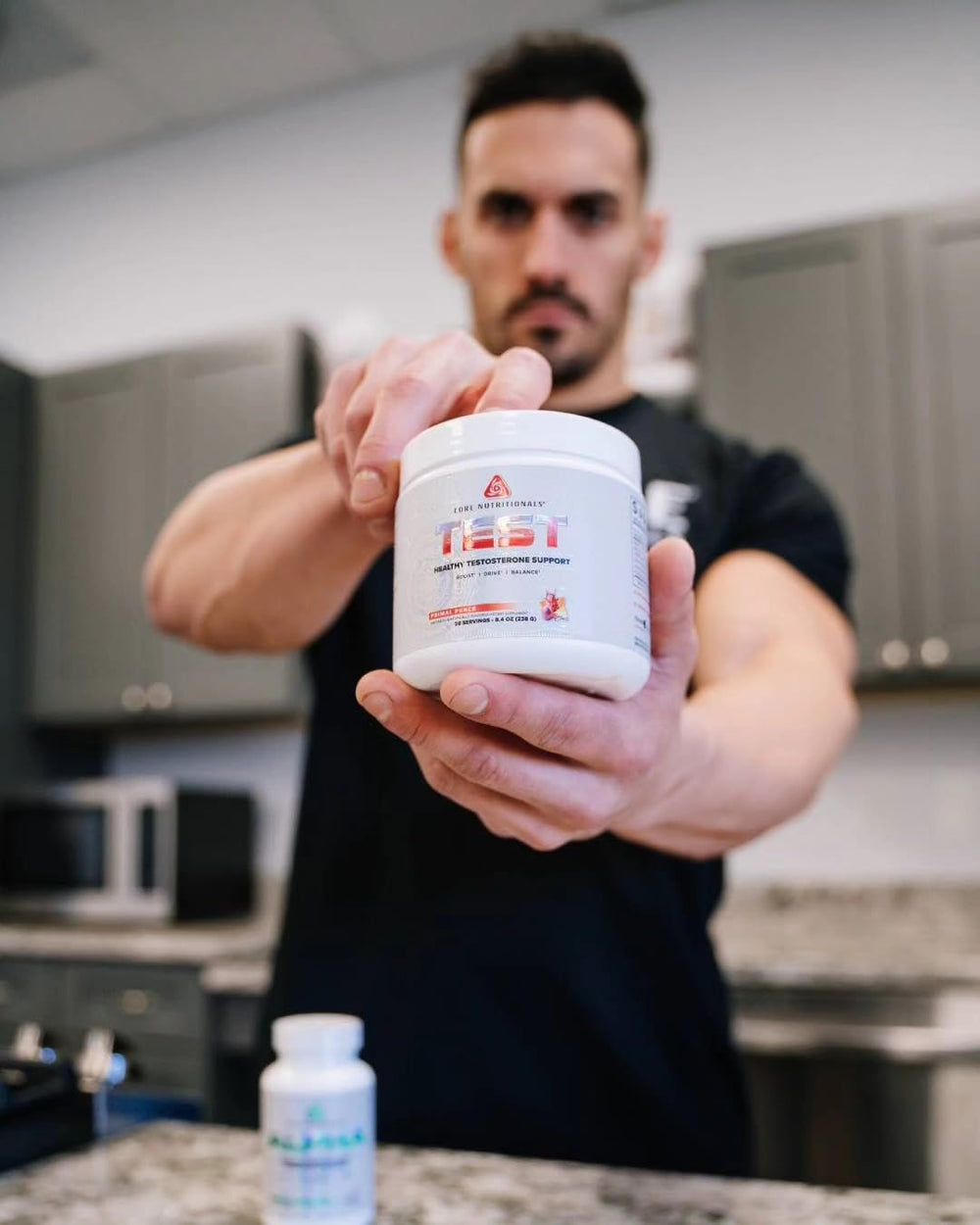 Core Nutritionals Test Vitality pills closeup highlighting compact capsules