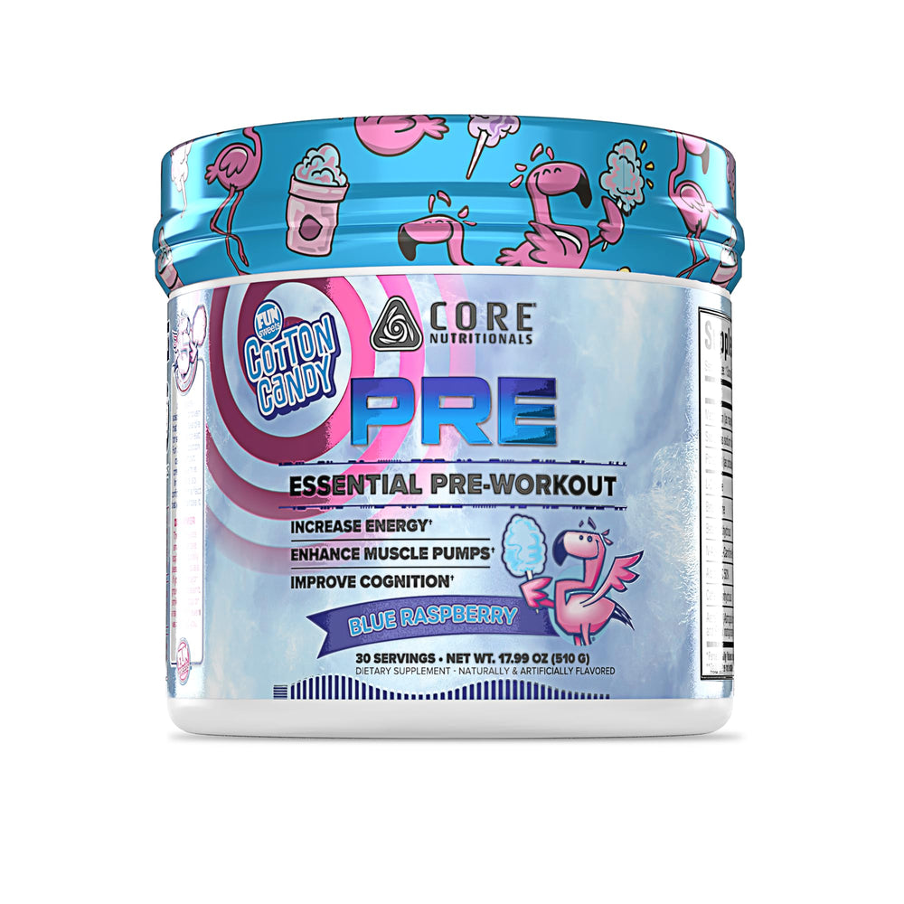 Core PRE Essential Pre Workout bottle labeled Fun Sweets Blue Raspberry