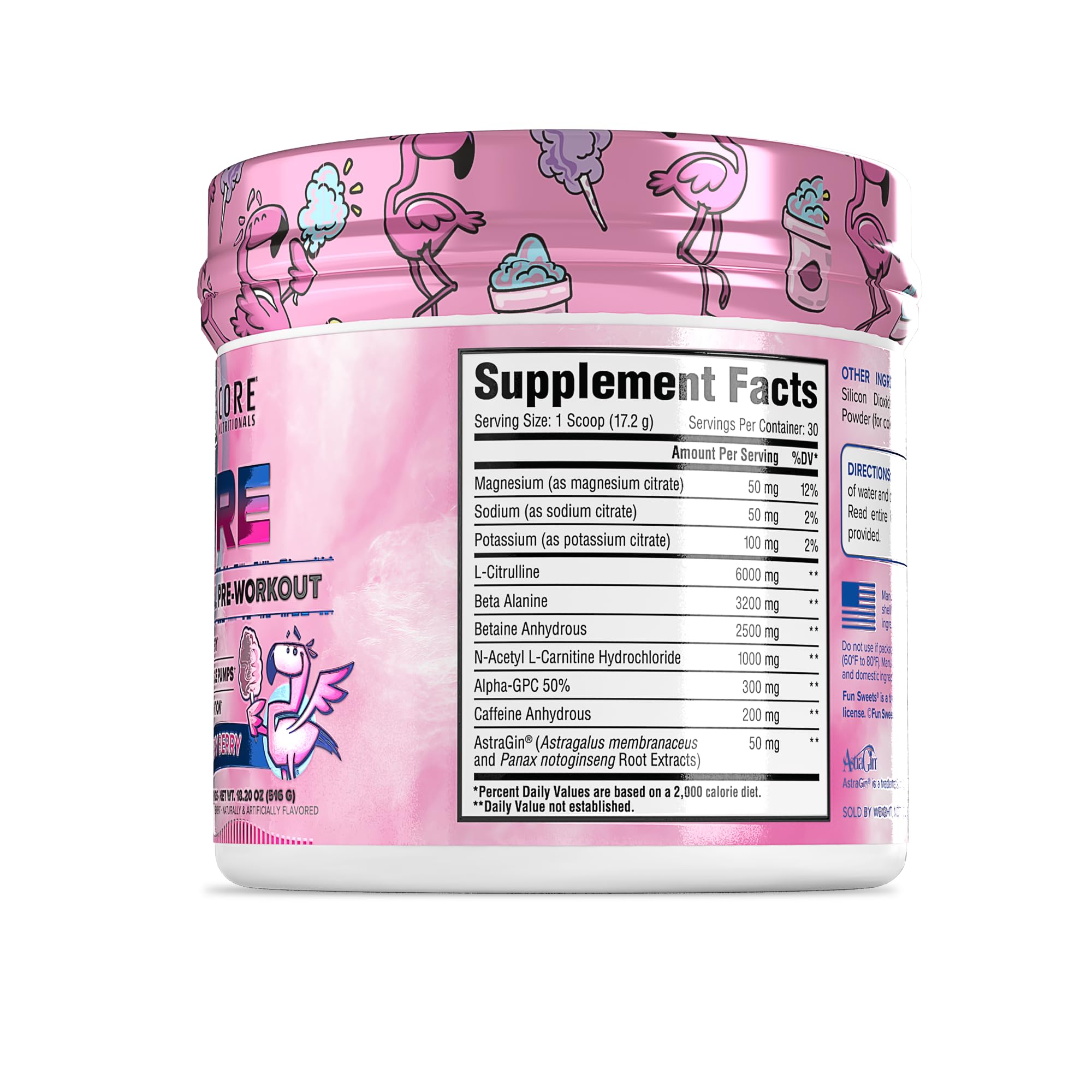 Close-up of Core PRE ingredients showing L-Citrulline and Beta Alanine