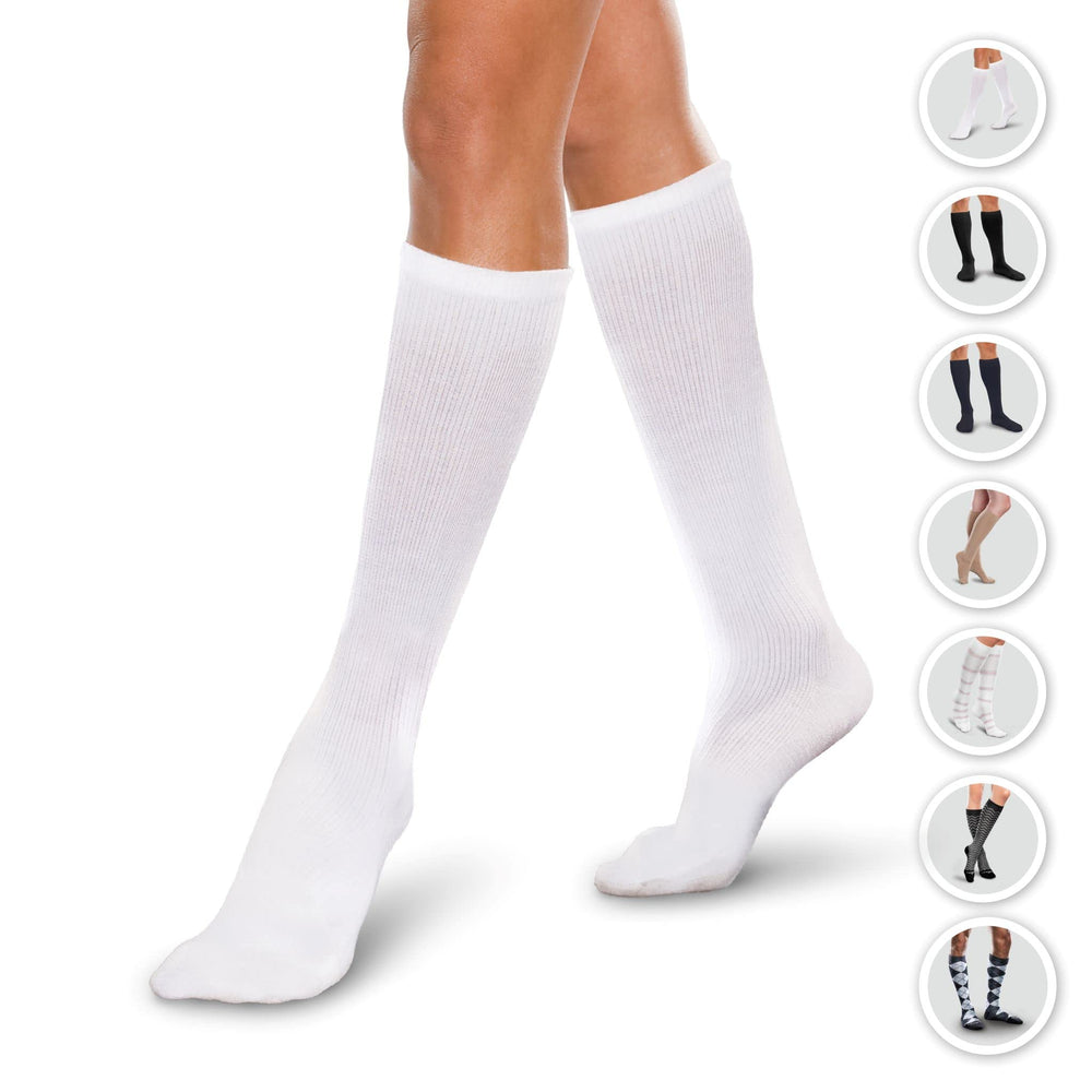 Reinforced heel and toe on khaki Core-Spun knee-high compression sock