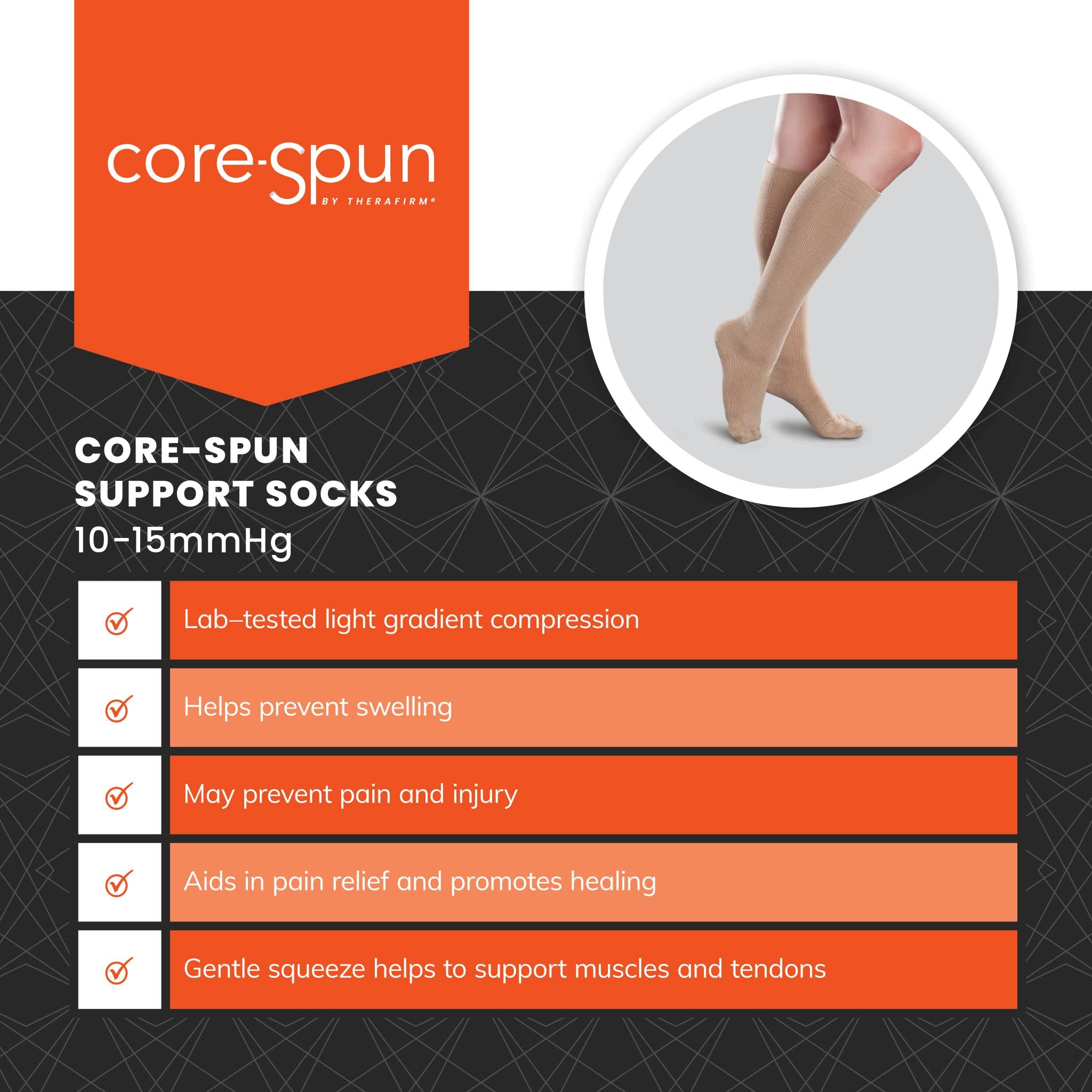 Moisture-wicking CoolMax fabric on khaki Core-Spun knee-high compression sock