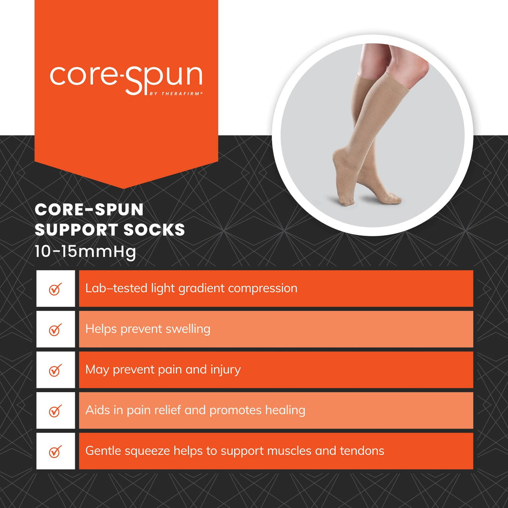 Moisture-wicking CoolMax fabric on khaki Core-Spun knee-high compression sock