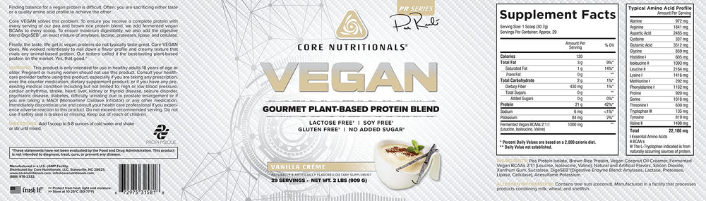 Nutritional information label for Core VEGAN Vanilla Cream 2 lb protein powder
