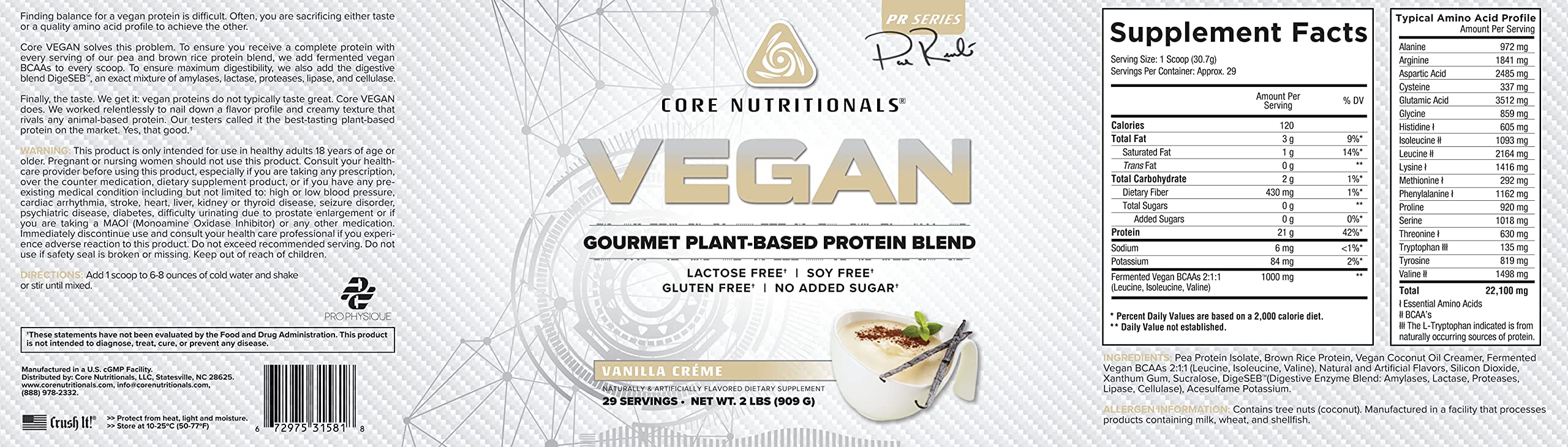 Close-up of Core VEGAN Vanilla Cream protein powder texture and label