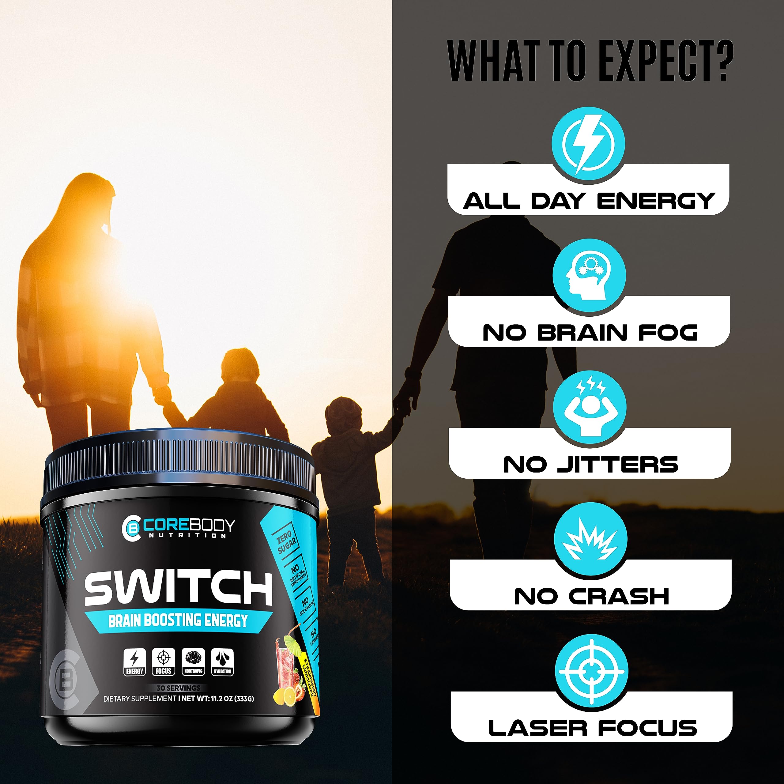 CoreBody Switch label closeup highlights sugar-free, keto-friendly energy.