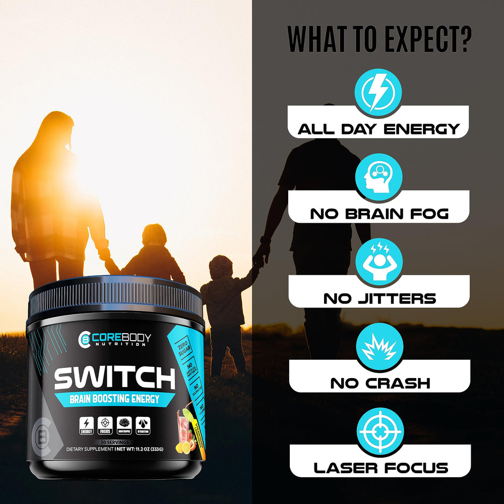 CoreBody Switch label closeup highlights sugar-free, keto-friendly energy.