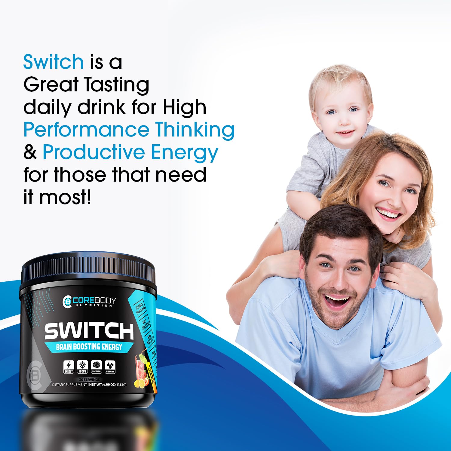 CoreBody Switch powder scoop demonstrates quick, smooth energy without jitters.