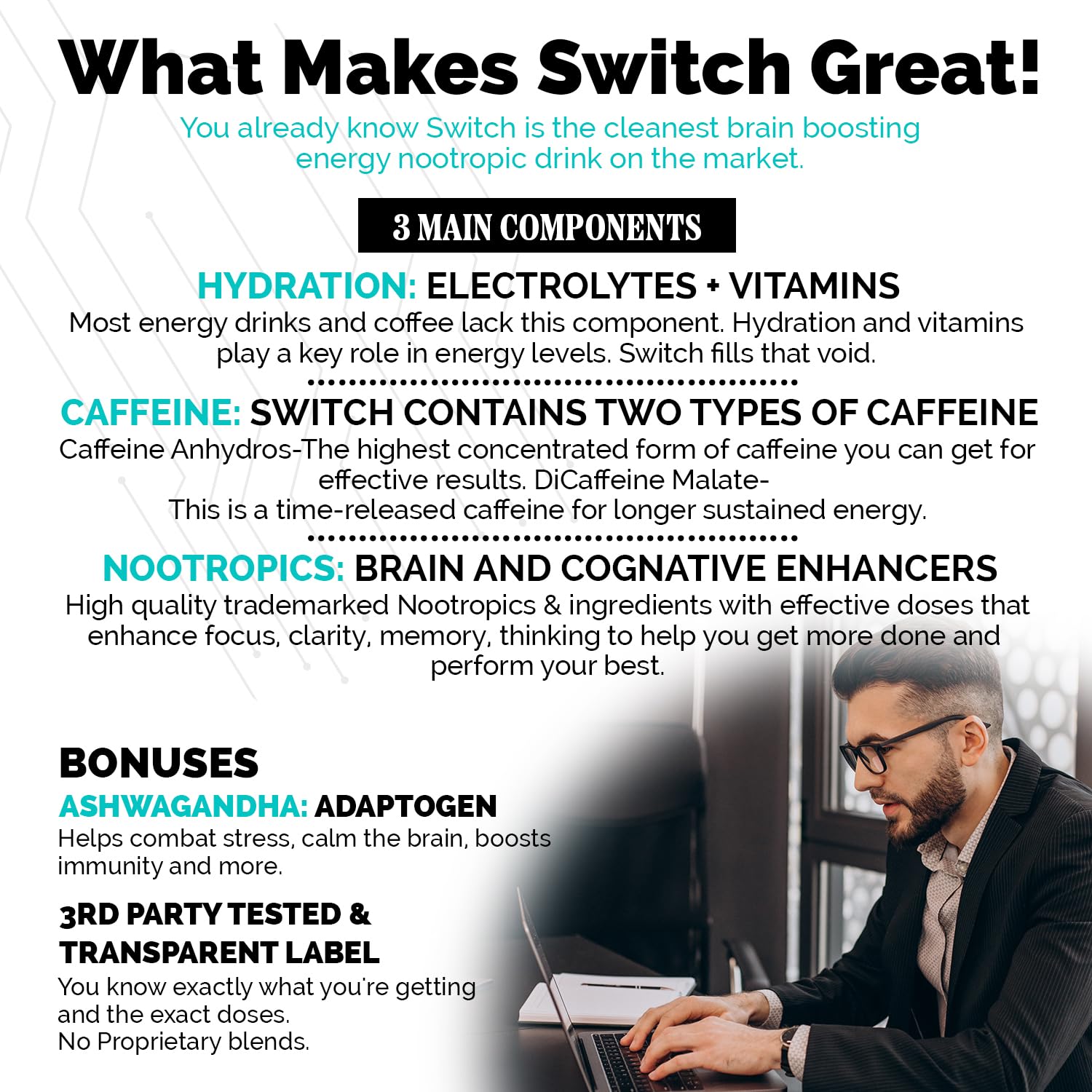 CoreBody Switch sugar-free formula graphic conveys clean energy without sugar crash.