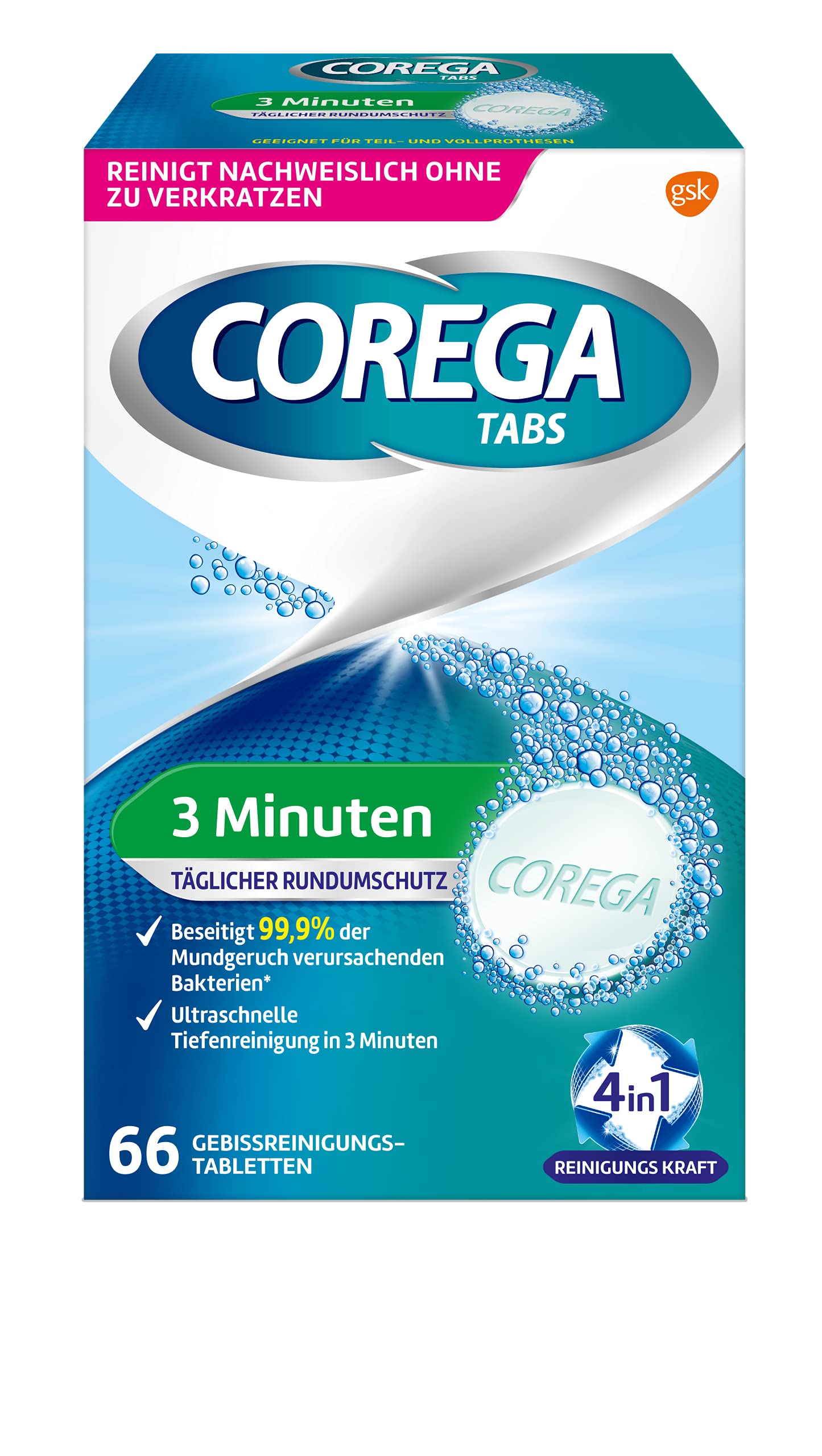 Front view of Corega Denture Cleaning Tablets 66-pack