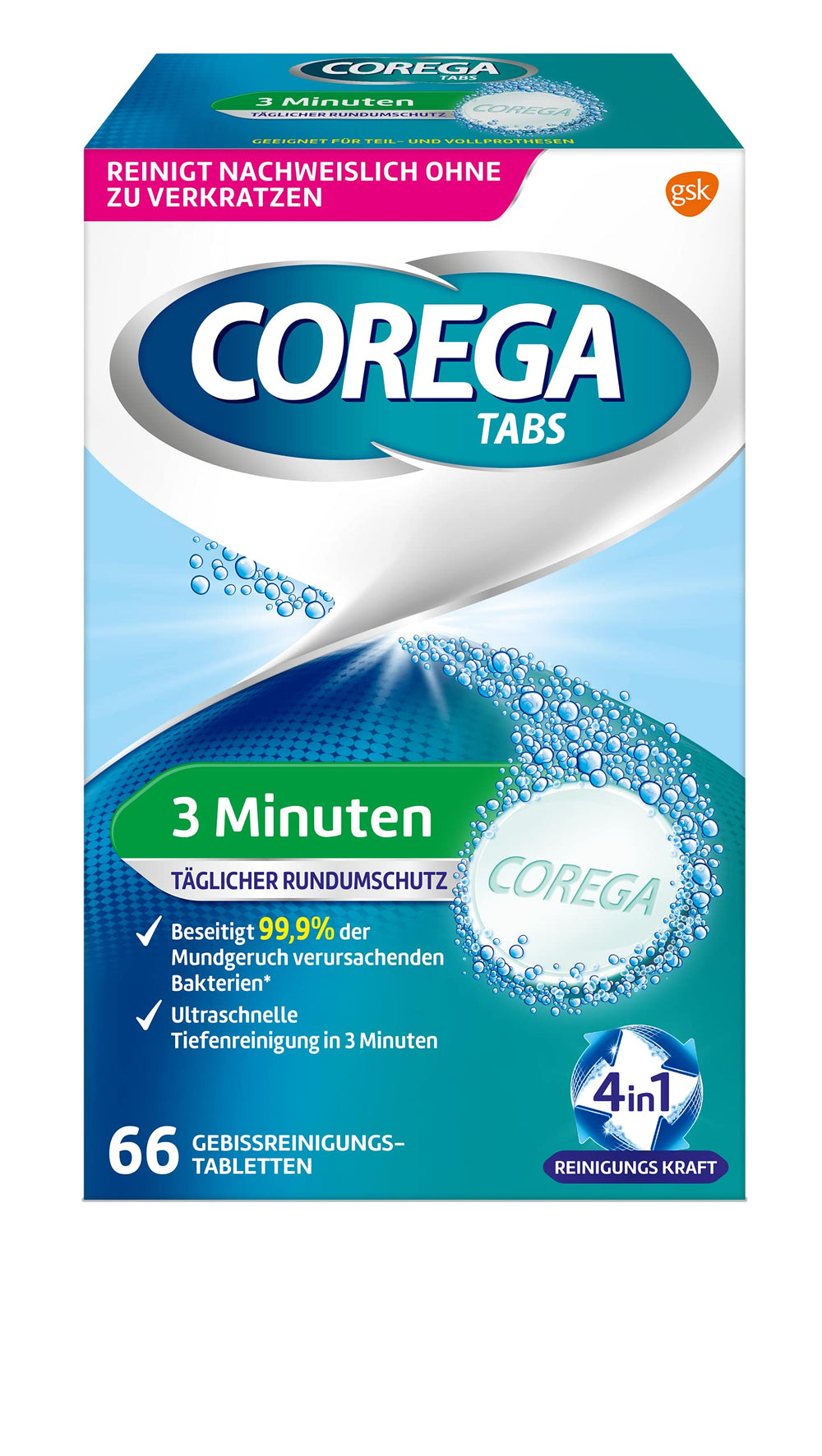 Front view of Corega Denture Cleaning Tablets 66-pack