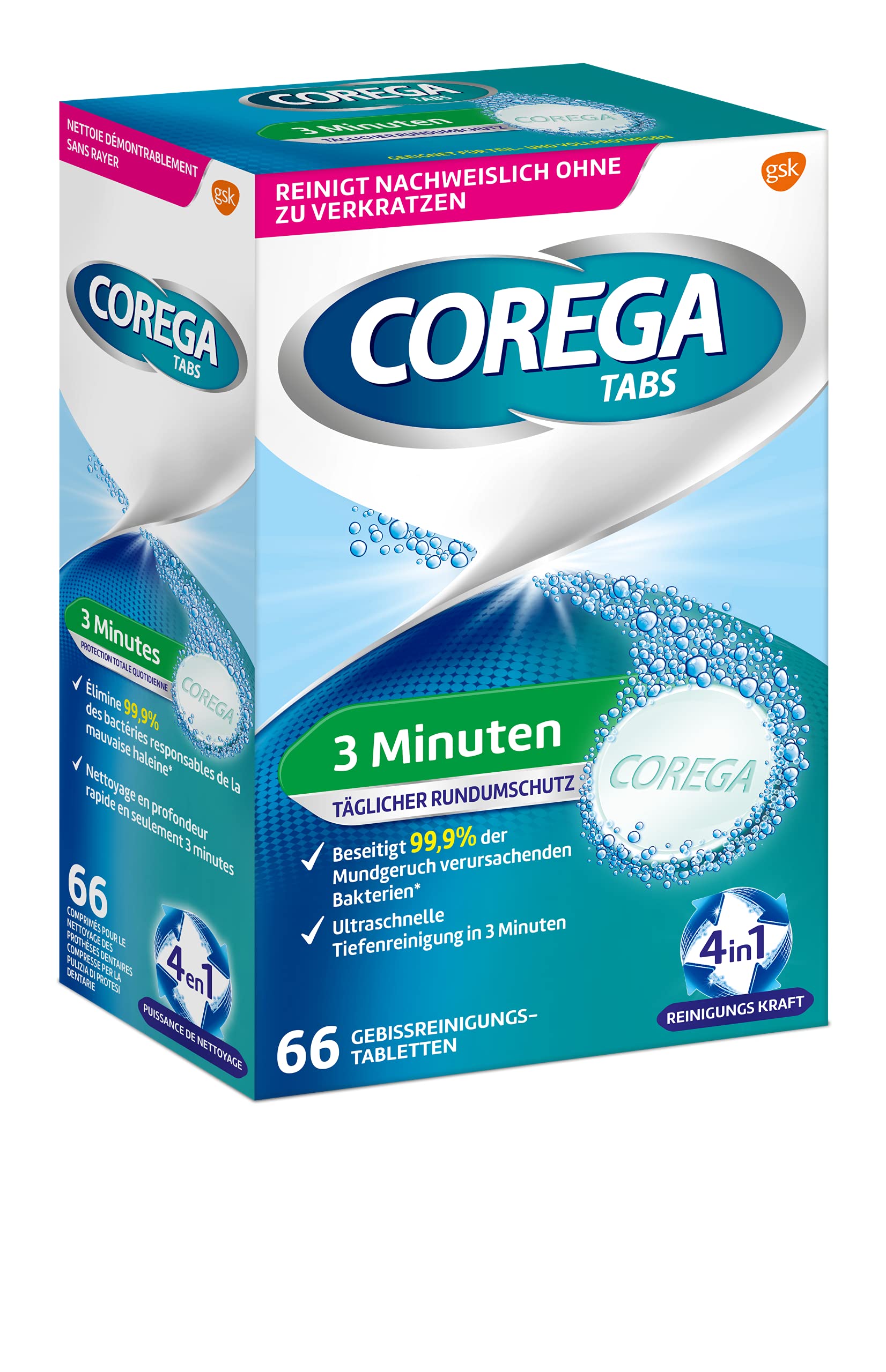 Corega 66-count packaging for denture cleaning tablets