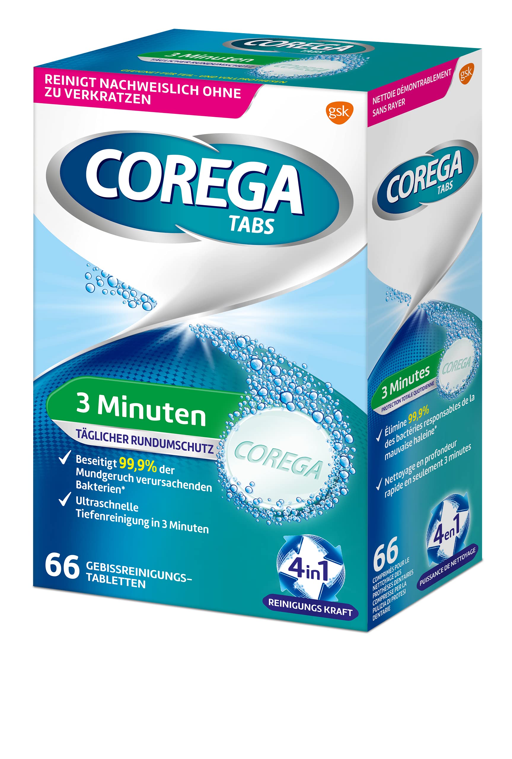 3-minute rapid cleaning action with Corega tabs