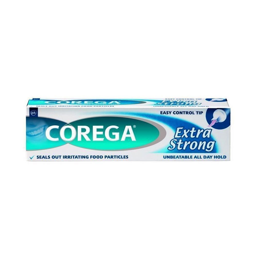 Mint flavor Corega Extra Strong 40g denture adhesive product close-up
