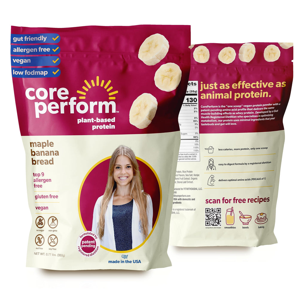 CorePerform Low FODMAP Plant Based Protein Powder bottle and packaging