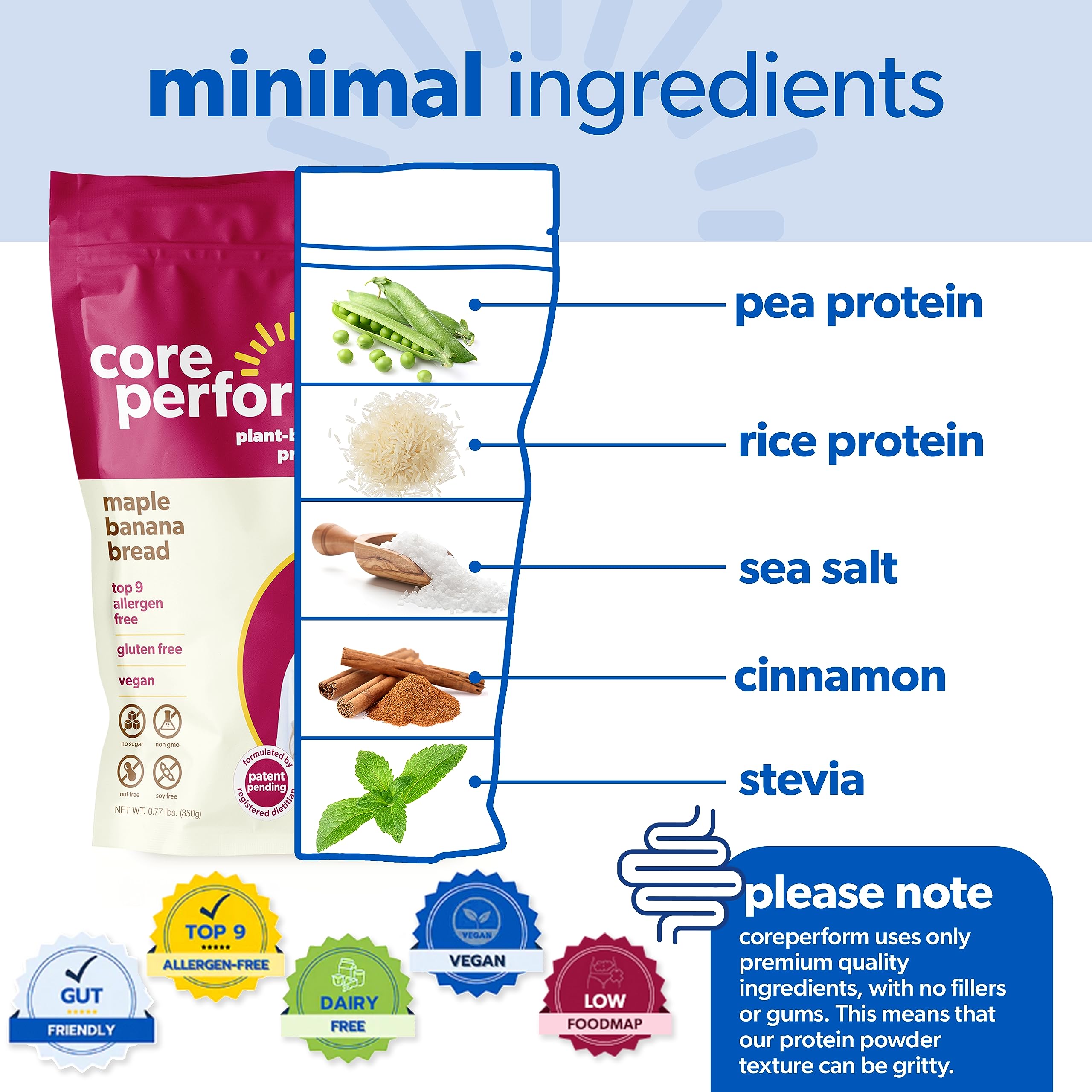 Product label highlighting vegan, sugar-free, dairy-free, gluten-free