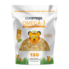 Packaging for Coromega Kids Omega-3 with tropical orange flavor