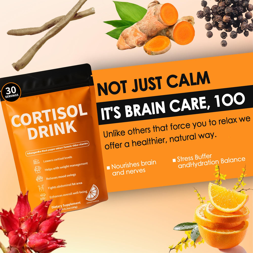 Ingredients panel highlighting Ashwagandha, L-Theanine, Turmeric