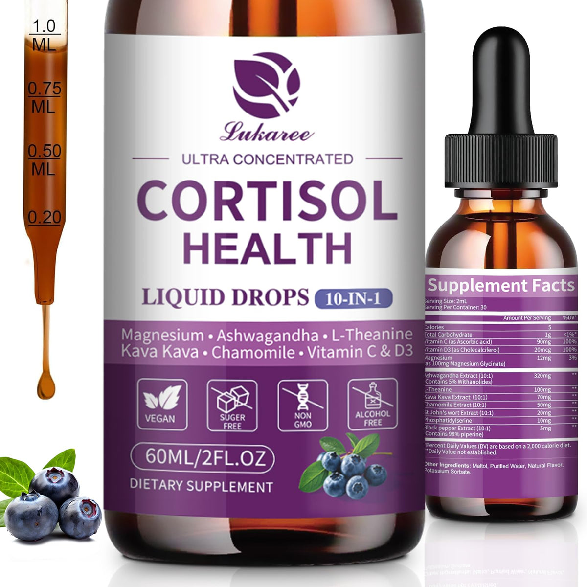 Blueberry flavor cortisol drops bottle, 2 oz