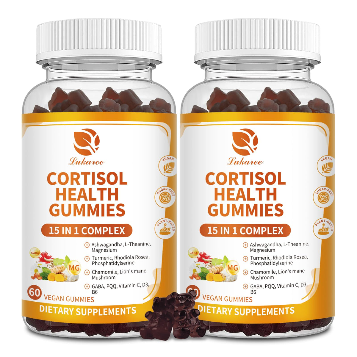 Bottle of 60 vegan cortisol balance gummies