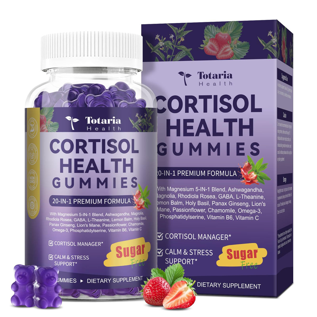 Bottle of cortisol gummies with 20-in-1 Ashwagandha and Rhodiola formula
