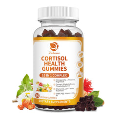 Product bottle of Cortisol Gummies with orange flavor on white background
