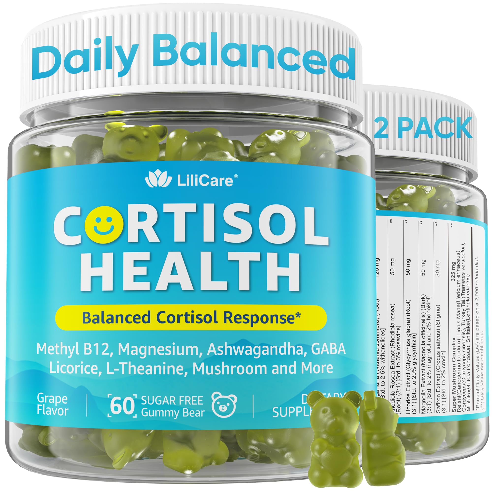 Cortisol gummies for women and men in a bottle on a clean background