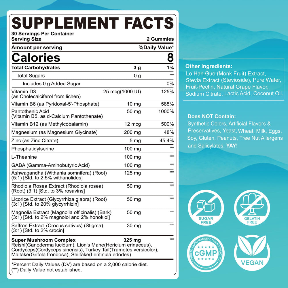 Sugar-free cortisol detox gummies with grape flavor close-up