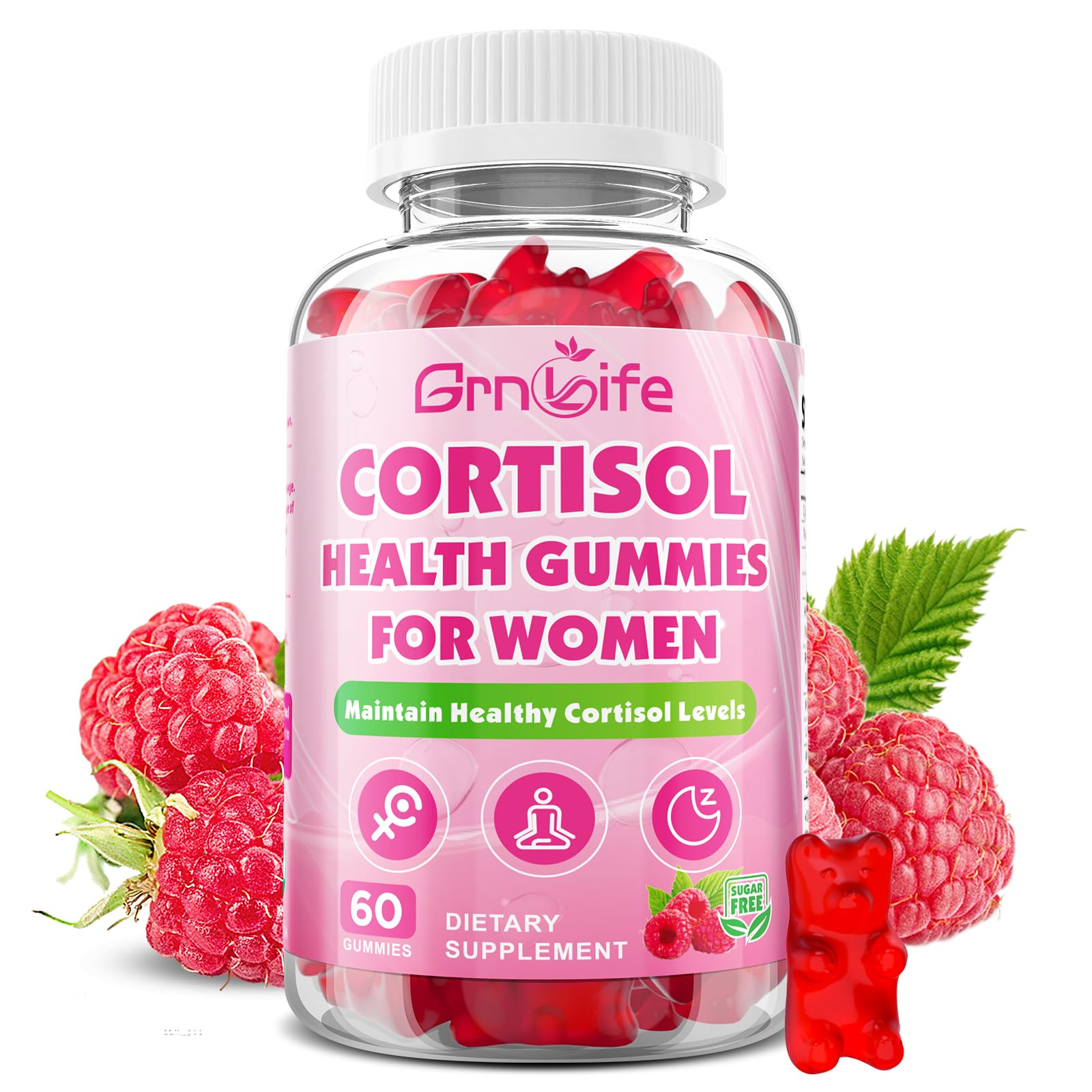 Cortisol Gummies for Women Raspberry flavor in a 60-count bottle