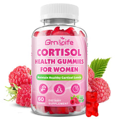 Cortisol Gummies for Women Raspberry flavor in a 60-count bottle