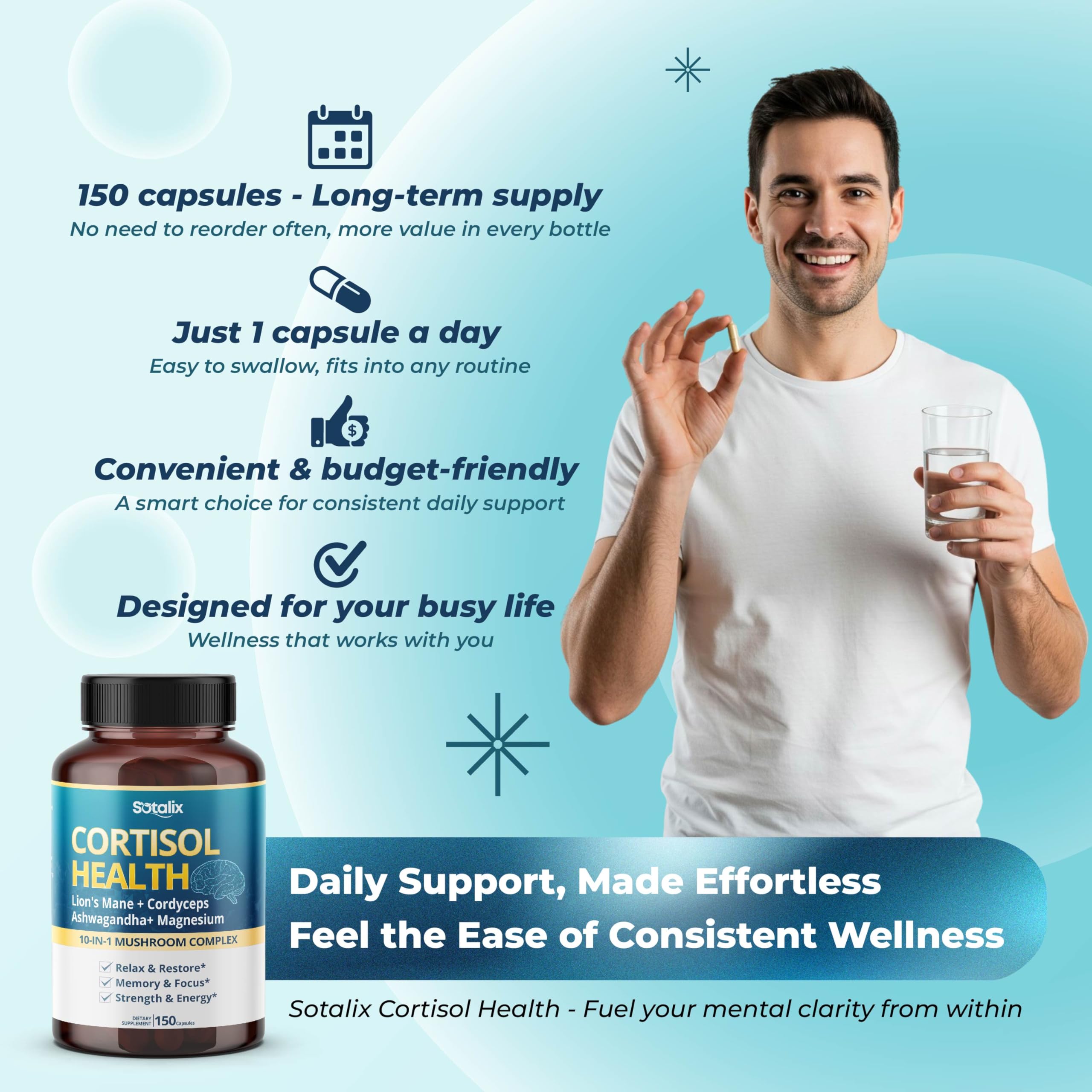 Top-down shot of bottle with 150 capsules visible