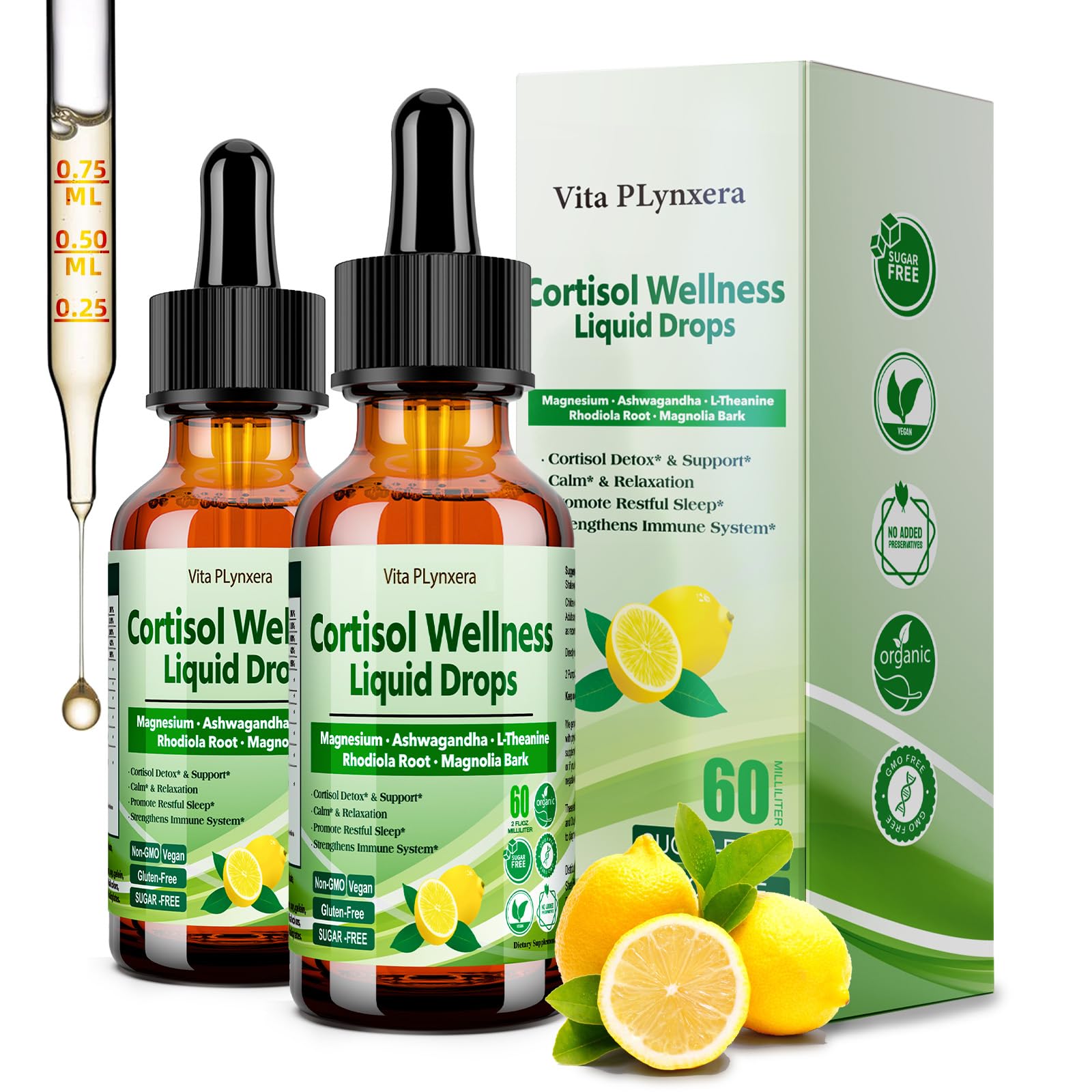 2 pack Cortisol Liquid Drops bottle with dropper