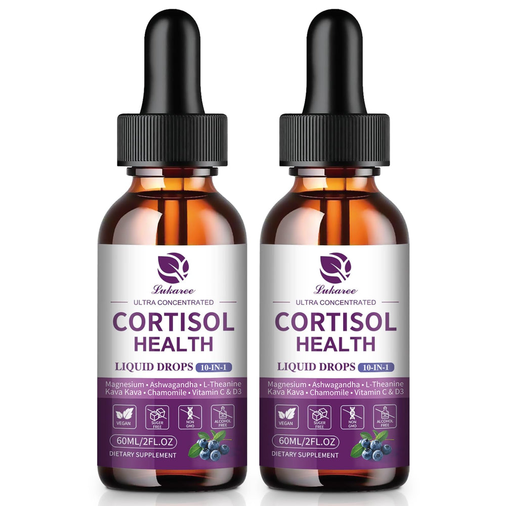 Cortisol supplement liquid drops bottle with blueberry flavor