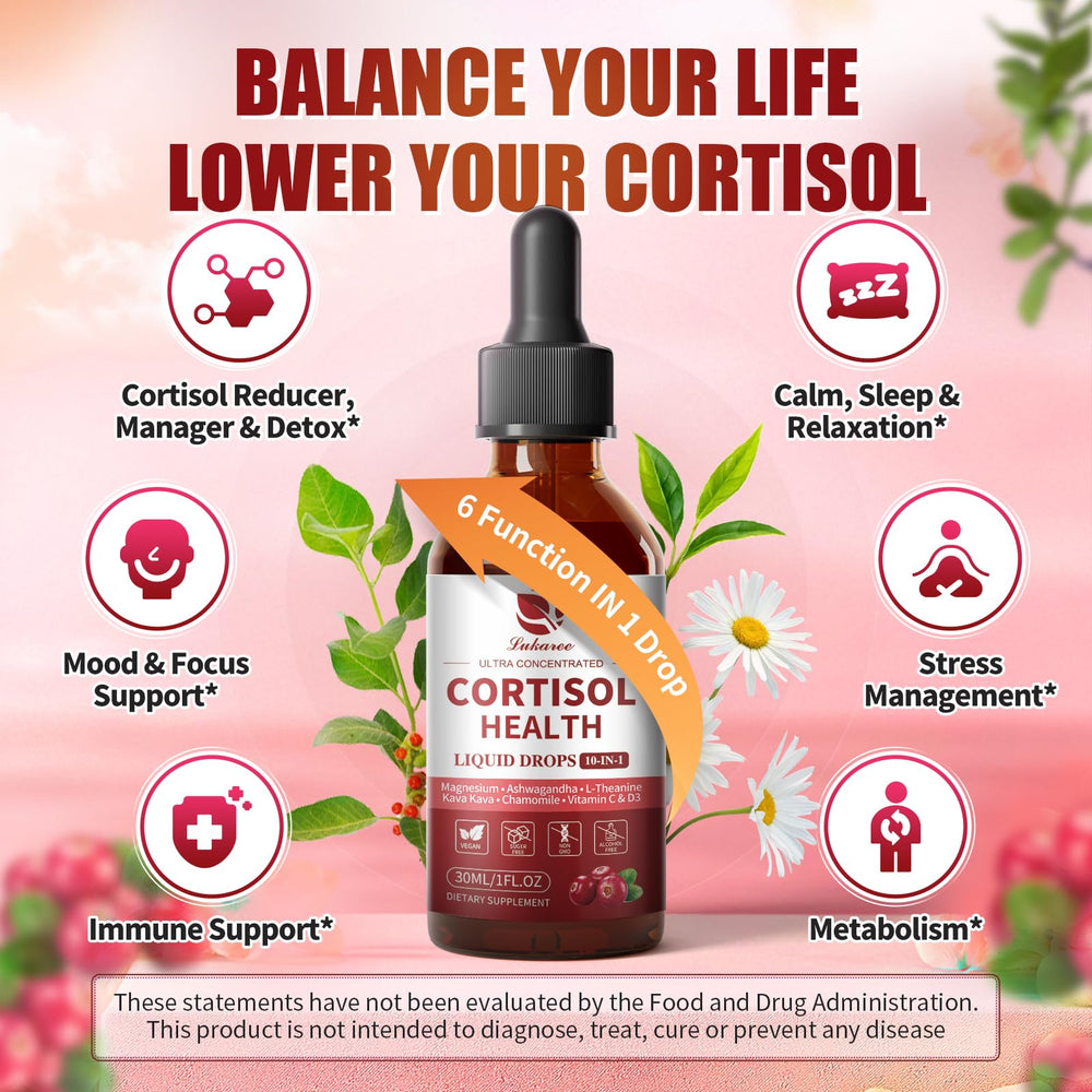 Bottle with dropper of cranberry-flavored cortisol liquid