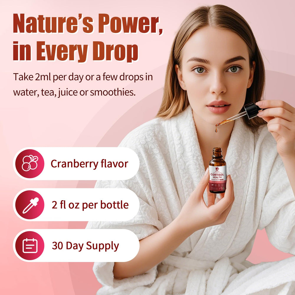 Cranberry-flavored cortisol liquid drops bottle and packaging